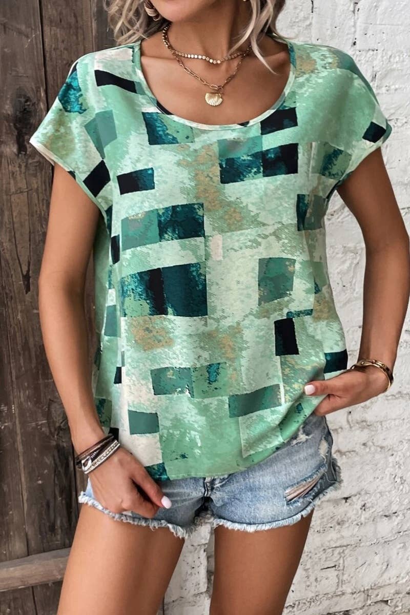 CWTBLS1147_SUMMER GEOMETRIC PATTERN LOOSE SHORT SLEEVE TOP