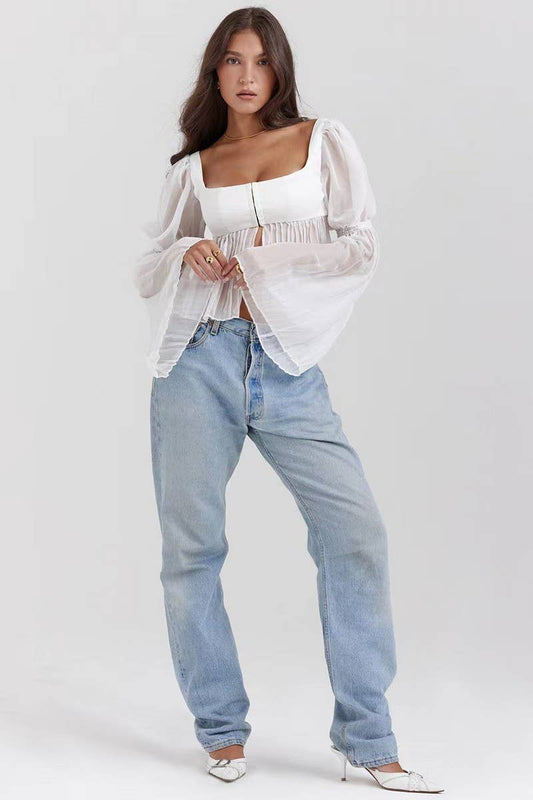 CWTBLL3970_FLOWY SHEER SQUARE NECK LONG SLEEVE TOP