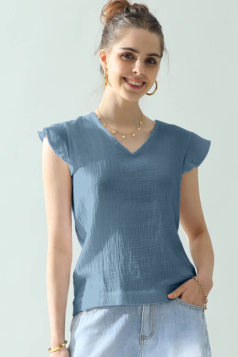 CWTTS688_V NECK BUTTERFLY RUFFLE TUNIC TOP