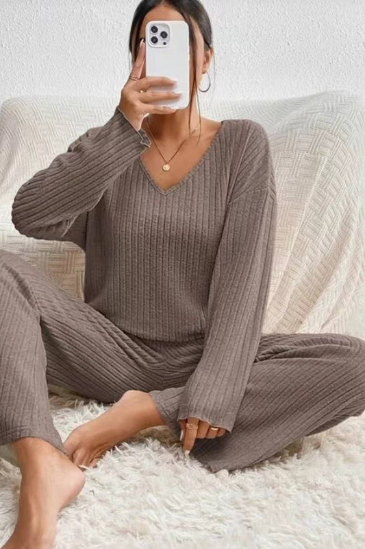 CWSTB1320_V-NECK CASUAL RIBBED BRUSHED LONG-SLEEVED SUIT