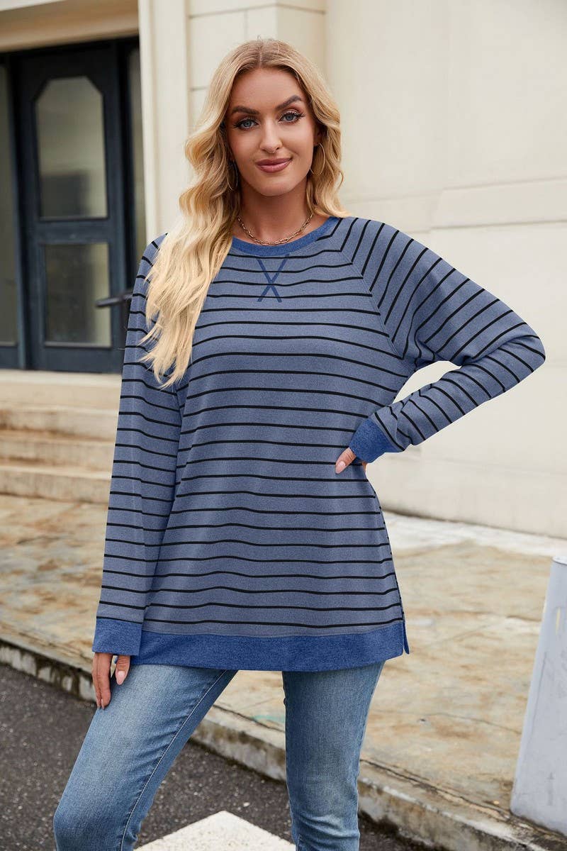CWTBLL3663_STRIPED PATCHWORK ROUND NECK LONG SLEEVED T-SHIRT