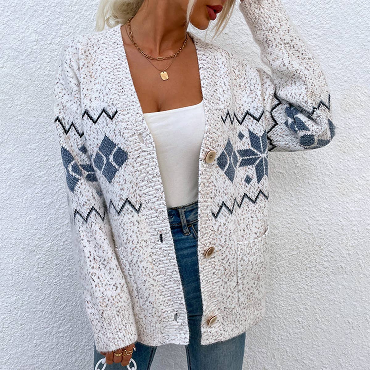 CHRISTMAS SNOWFLAKE KNIT SINGLE-BREASTED SWEATER