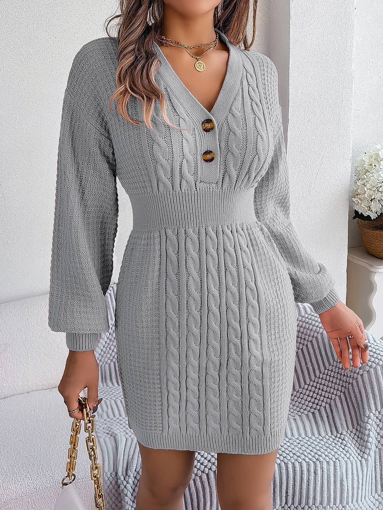 BUTTON-DOWN V-NECK SWEATER DRESS WITH HIP WRAP