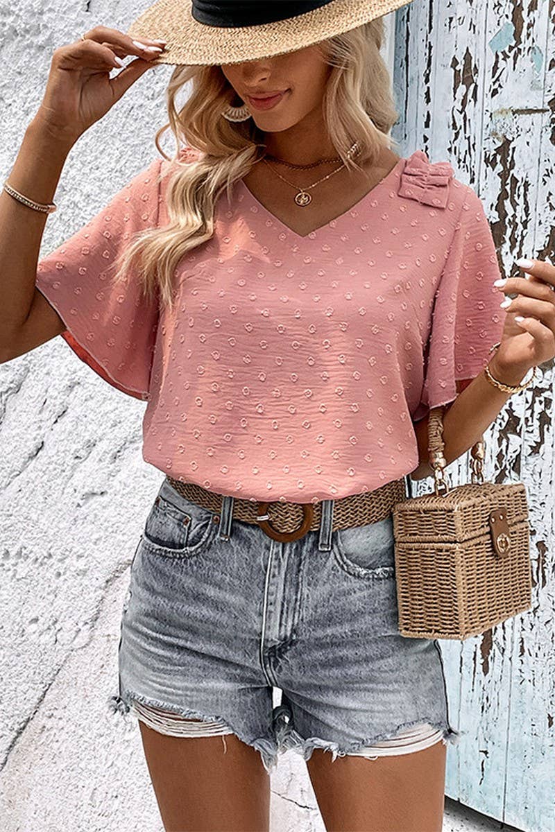 CWTBLS0375_V-Neck Short Sleeve Ruffle Detailed Blouse