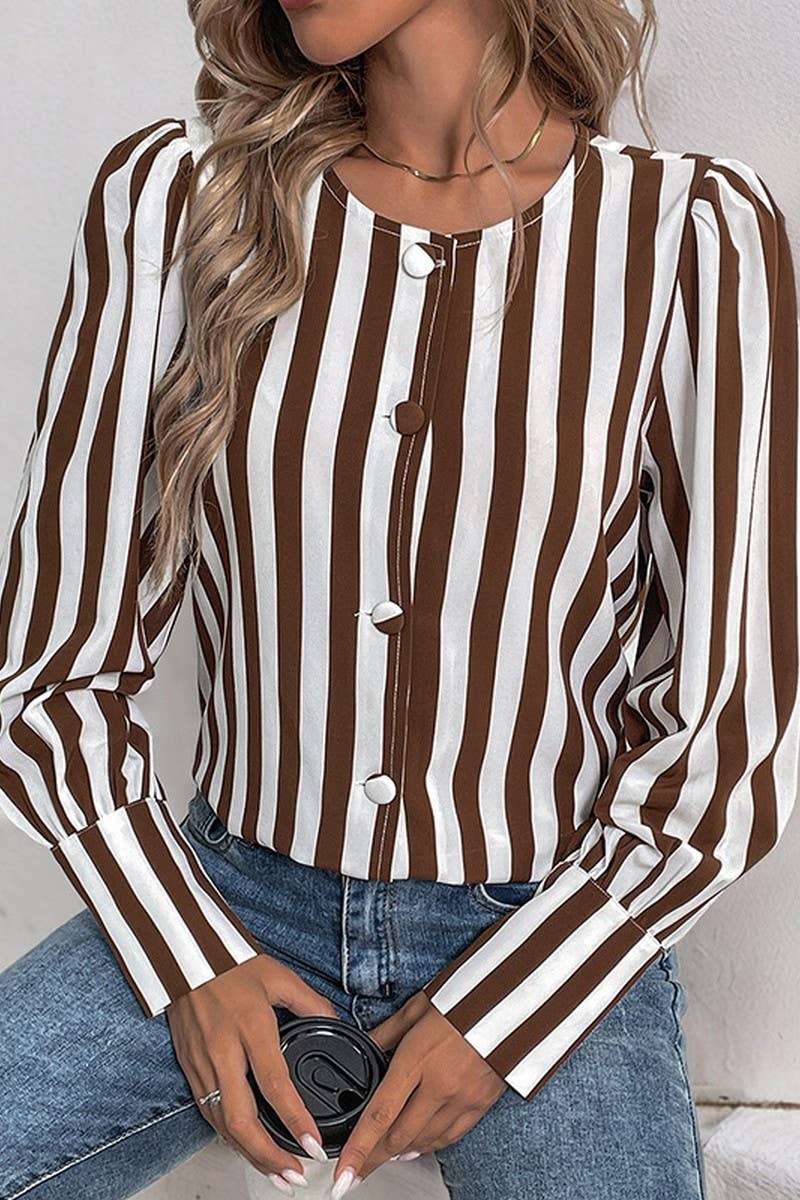 CWTBLL3740_SUMMER V-NECK SINGLE-BREASTED STRIPED SHIRT