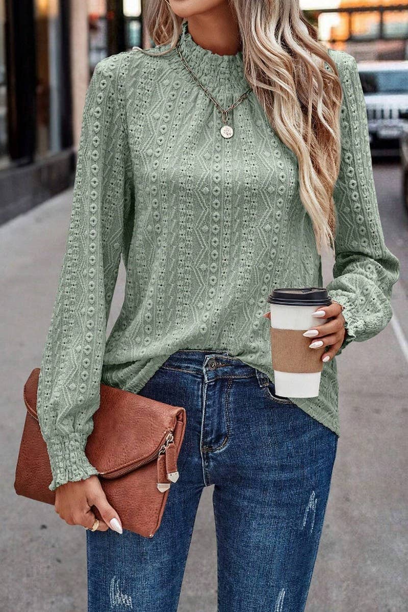 CWTBLL4008_JACQUARD RUCHED CREW NECK LONG SLEEVE TOP