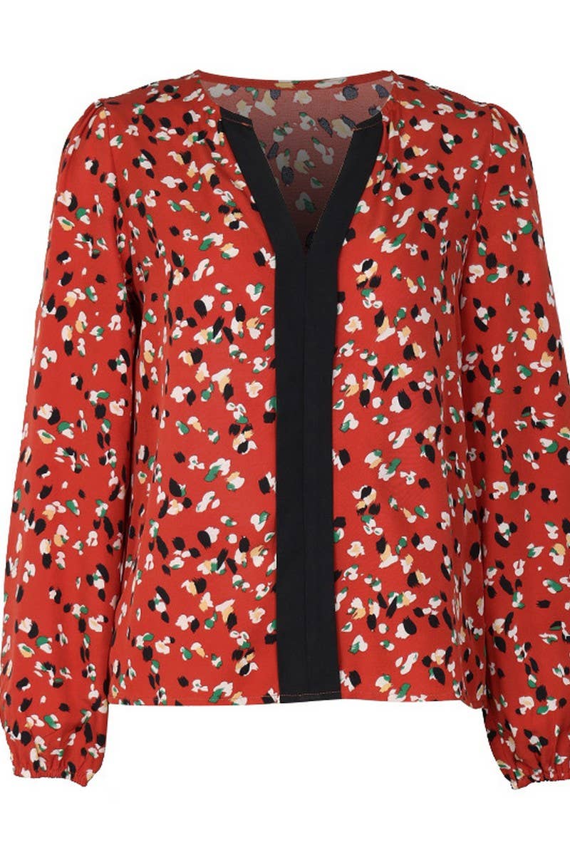 CWTBLL1719_V-NECK PRINTED LONG-SLEEVED RED SHIRT