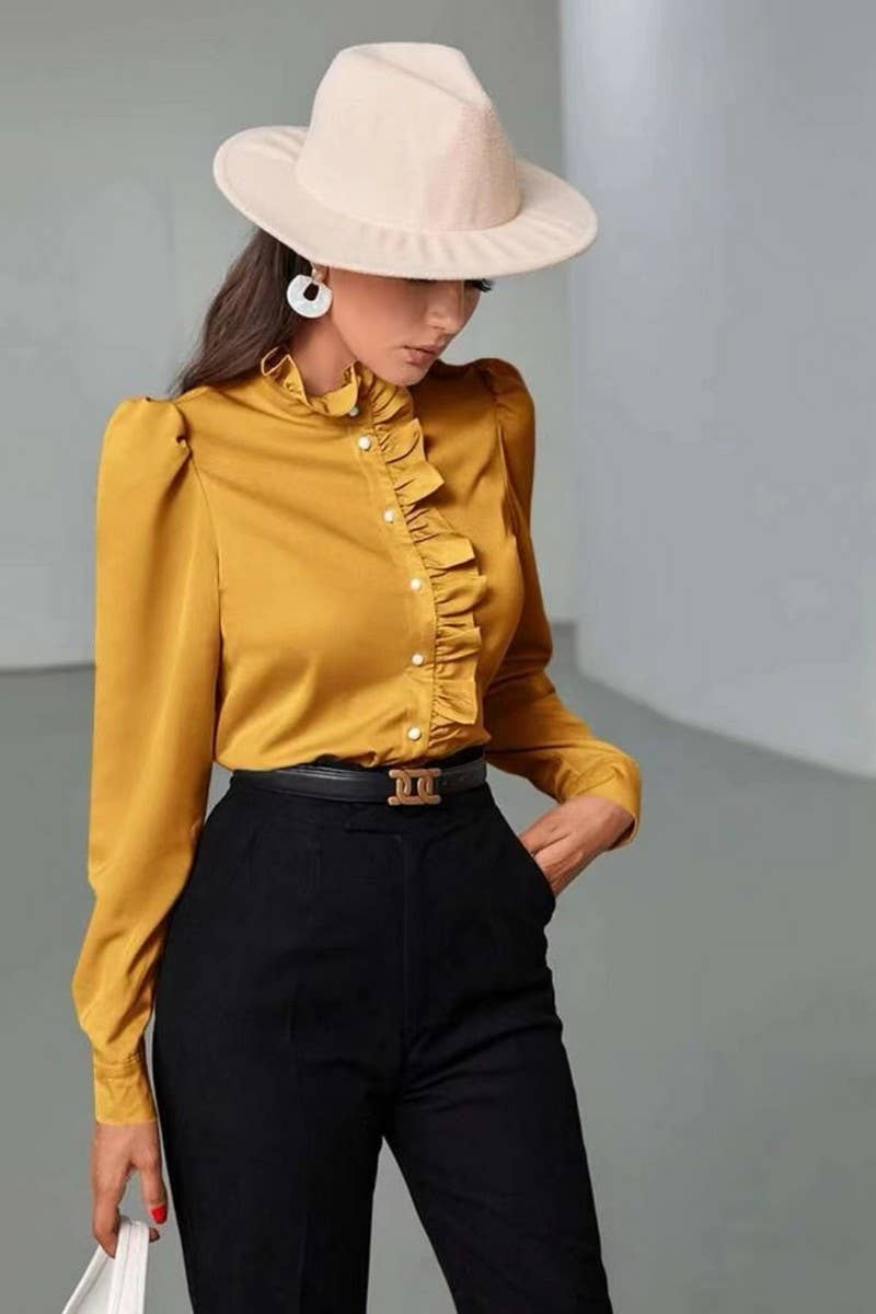CWTBLS2041_SOLID COLOR RUFFLED LONG SLEEVE BLOUSE