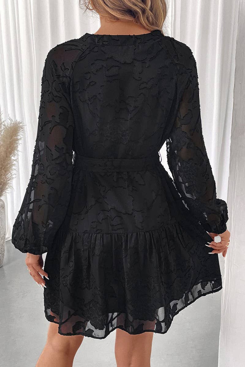 CWDSD10617_ELEGANT JACQUARD BELTED LONG SLEEVE DRESS
