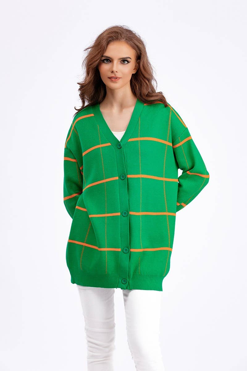 CWOCAL00671_STRIPED PLAID LOOSE KNIT CARDIGAN SWEATER