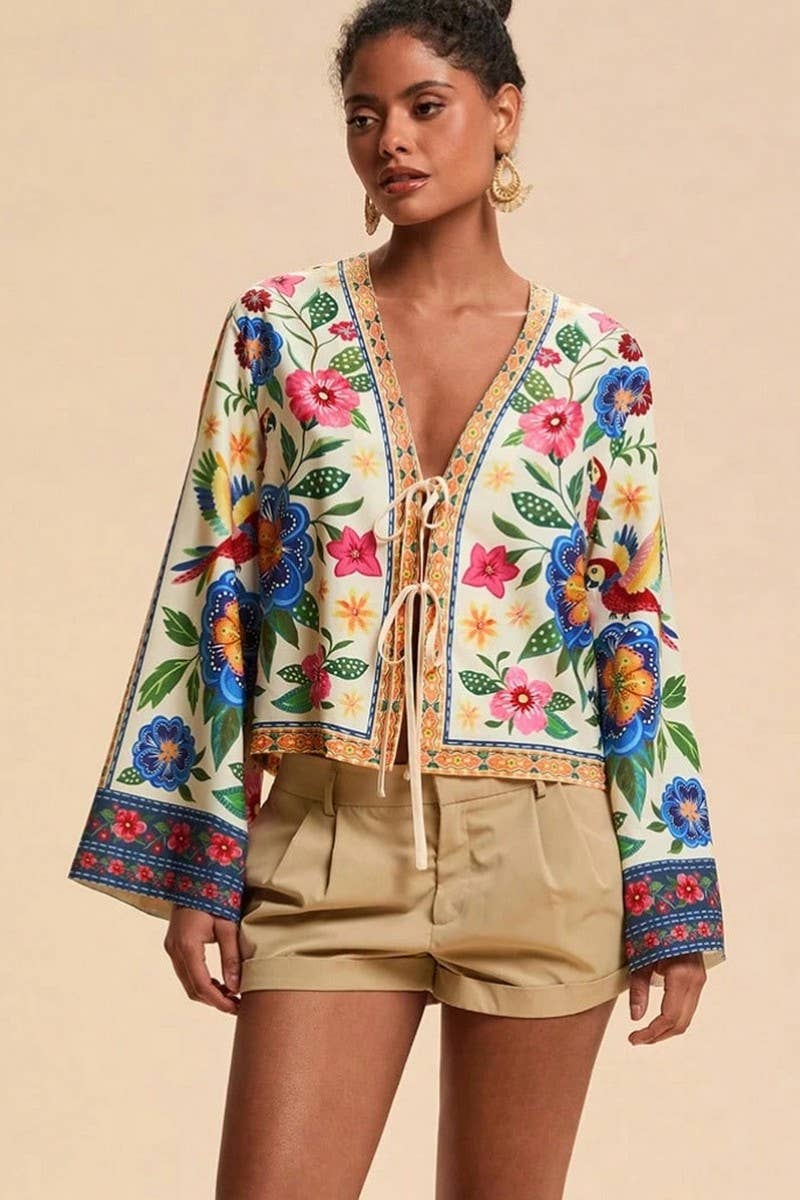 CWTBLL00636_CASUAL PRINTED TIE FRONT VACATION CARDIGAN TOP