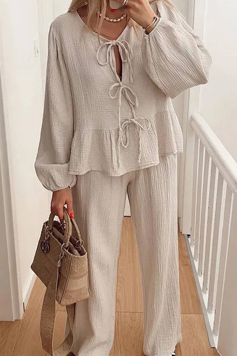 CWSTB00387_CASUAL LANTERN SLEEVE TIE TOP AND PANTS SET