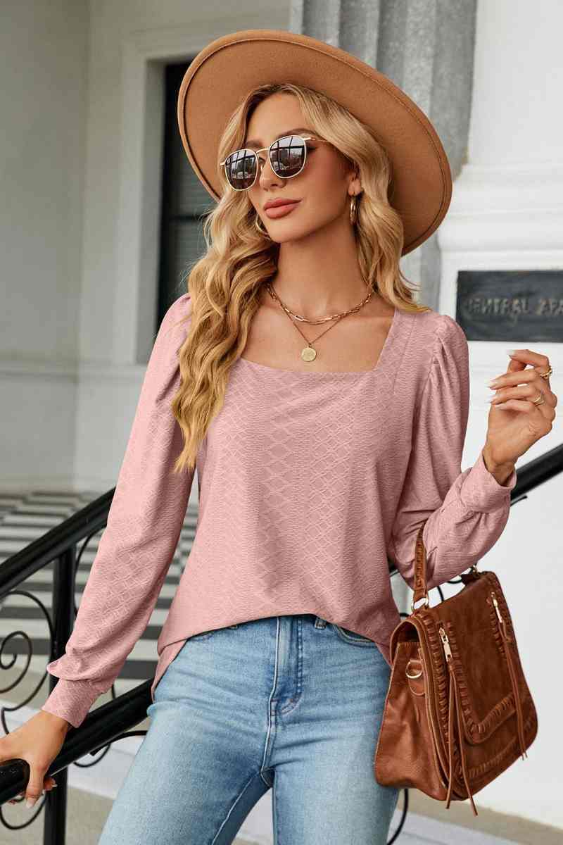 CWTBLL2832_AUTUMN SQUARE NECK JACQUARD LONG-SLEEVED TOP