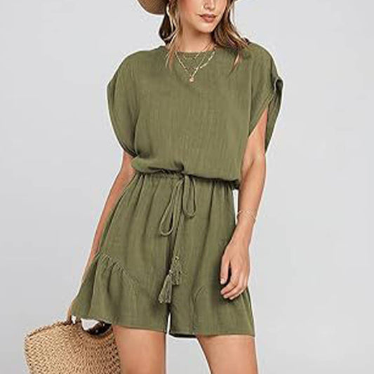 COTTON LINEN CASUAL BELTED SHORT SLEEVE ROMPER