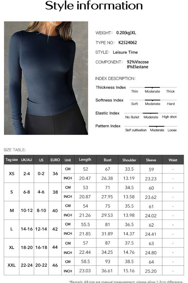 CWTTL2028_SPRING AND SUMMER SOLID COLOR SLIM LONG SLEEVE TOP