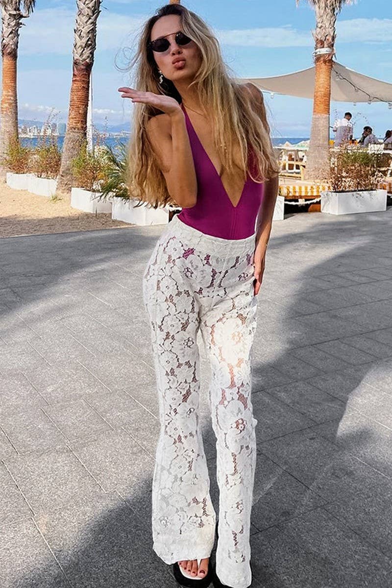 CWBLP1938_JACQUARD LACE FLORAL HOLLOW FLARE PANTS