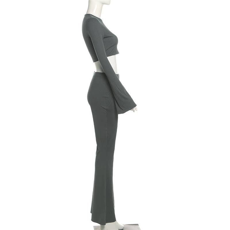 Bell Sleeve Crop Top & High Waist Flare Pants Set