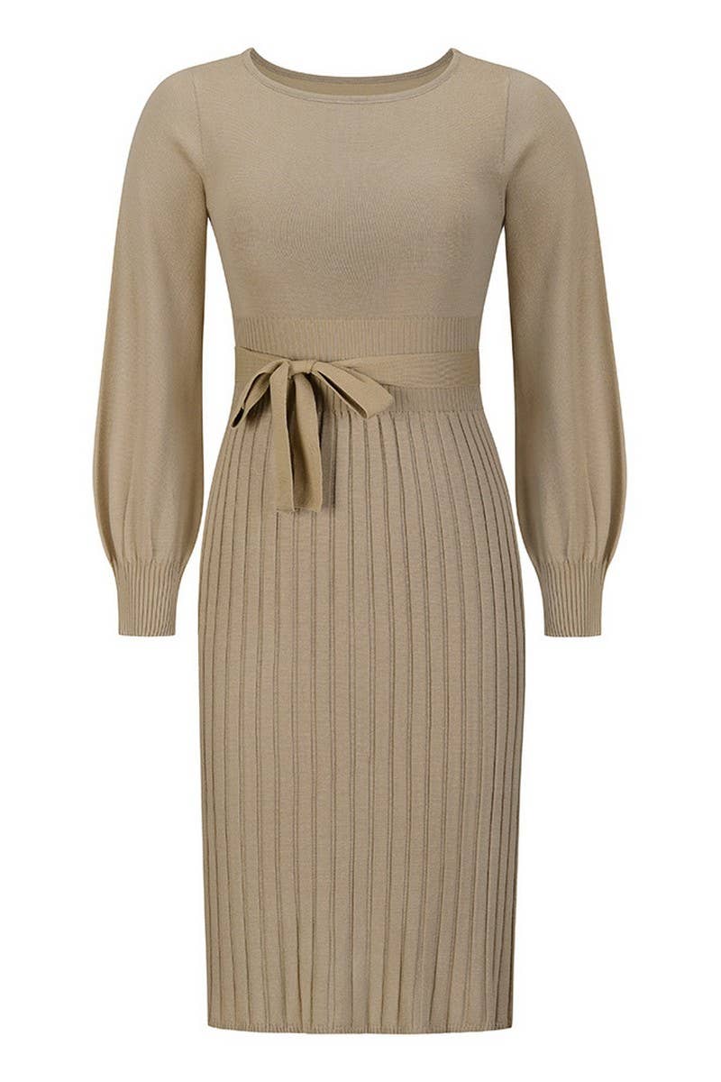CWDMD4002_ROUND NECK TIE PLEATED MID-LENGTH KNITTED DRESS