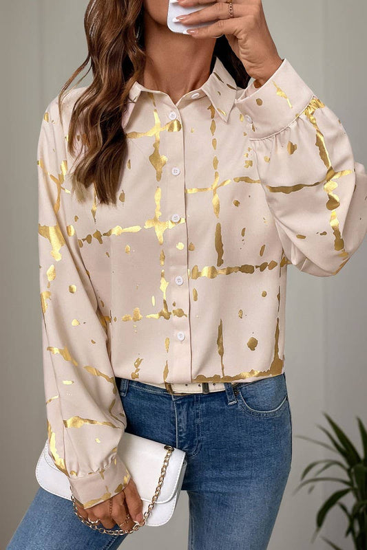 CWTSTL1869_LOOSE LONG-SLEEVED LAPEL GOLD-STAMPED SHIRT