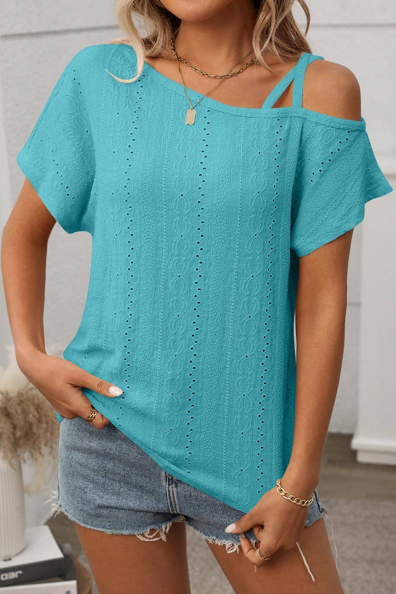 CWTBLS1717_SOLID COLOR ONE SHOULDER HOLLOW SHORT SLEEVE TOP