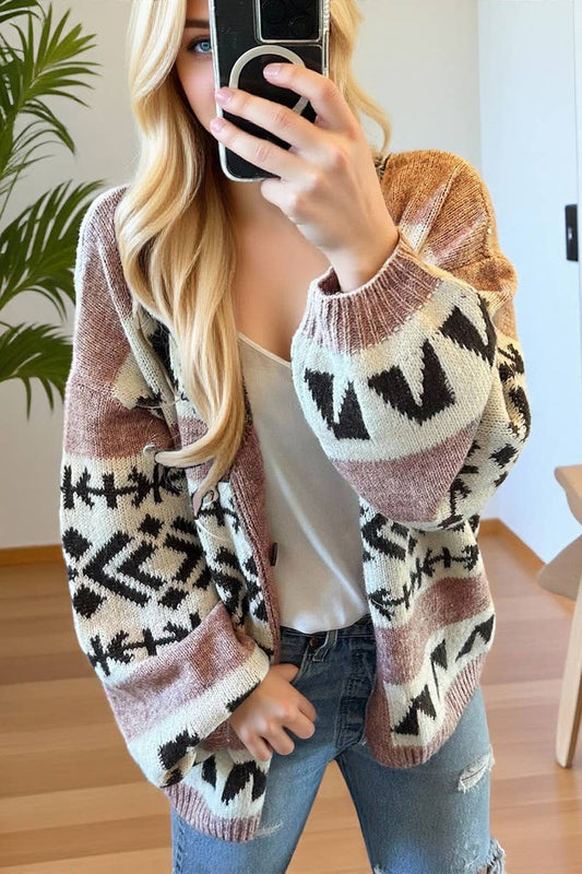 CWOCAL00567_LOOSE JACQUARD CONTRAST KNIT CARDIGAN SWEATER