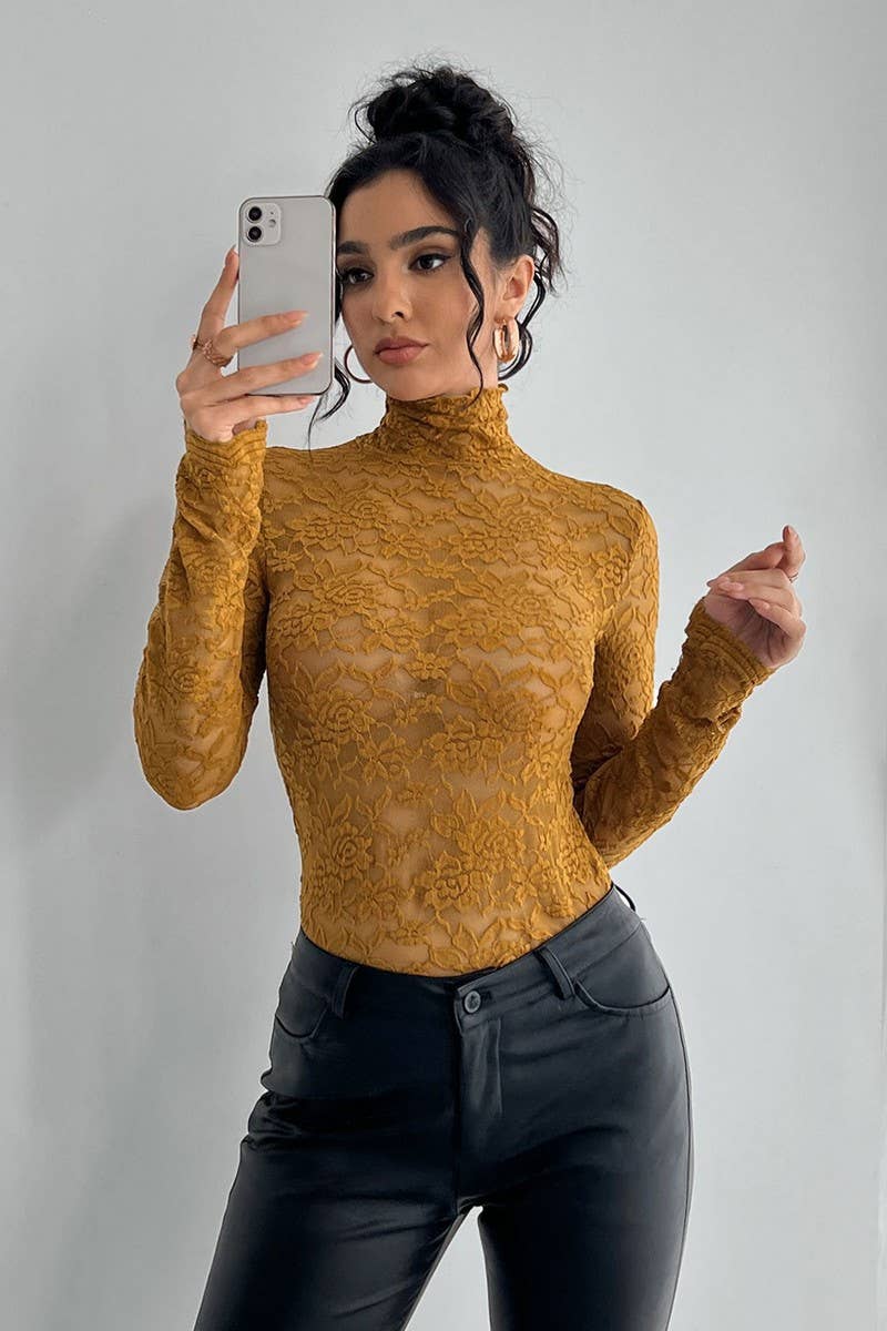 CWTBLL3507_HIGH COLLAR LACE LONG SLEEVE BOTTOMING TOP