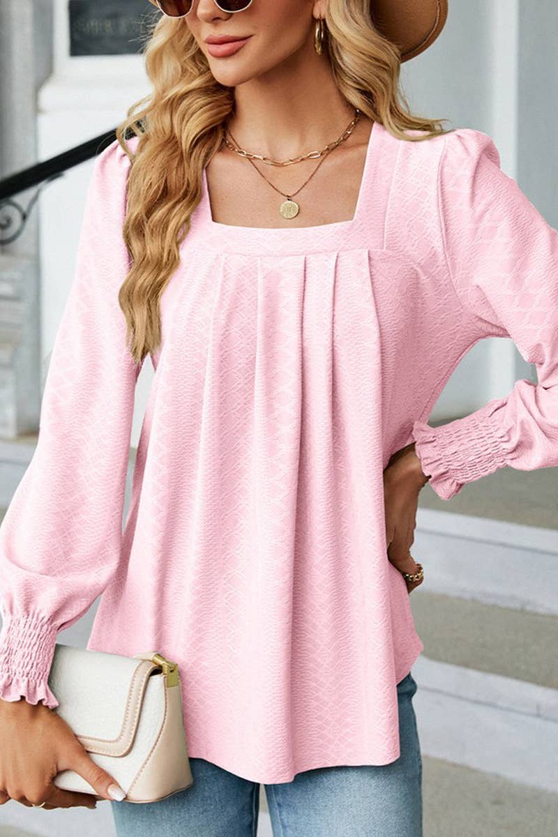 CWTBLL0194_WOMEN SQAURE NECK SHIRRED CUFF LONG SLEEVE BLOUSE