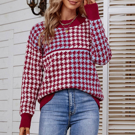 CONTRASTING COLOR PLAID FASHION PULLOVER SWEATER
