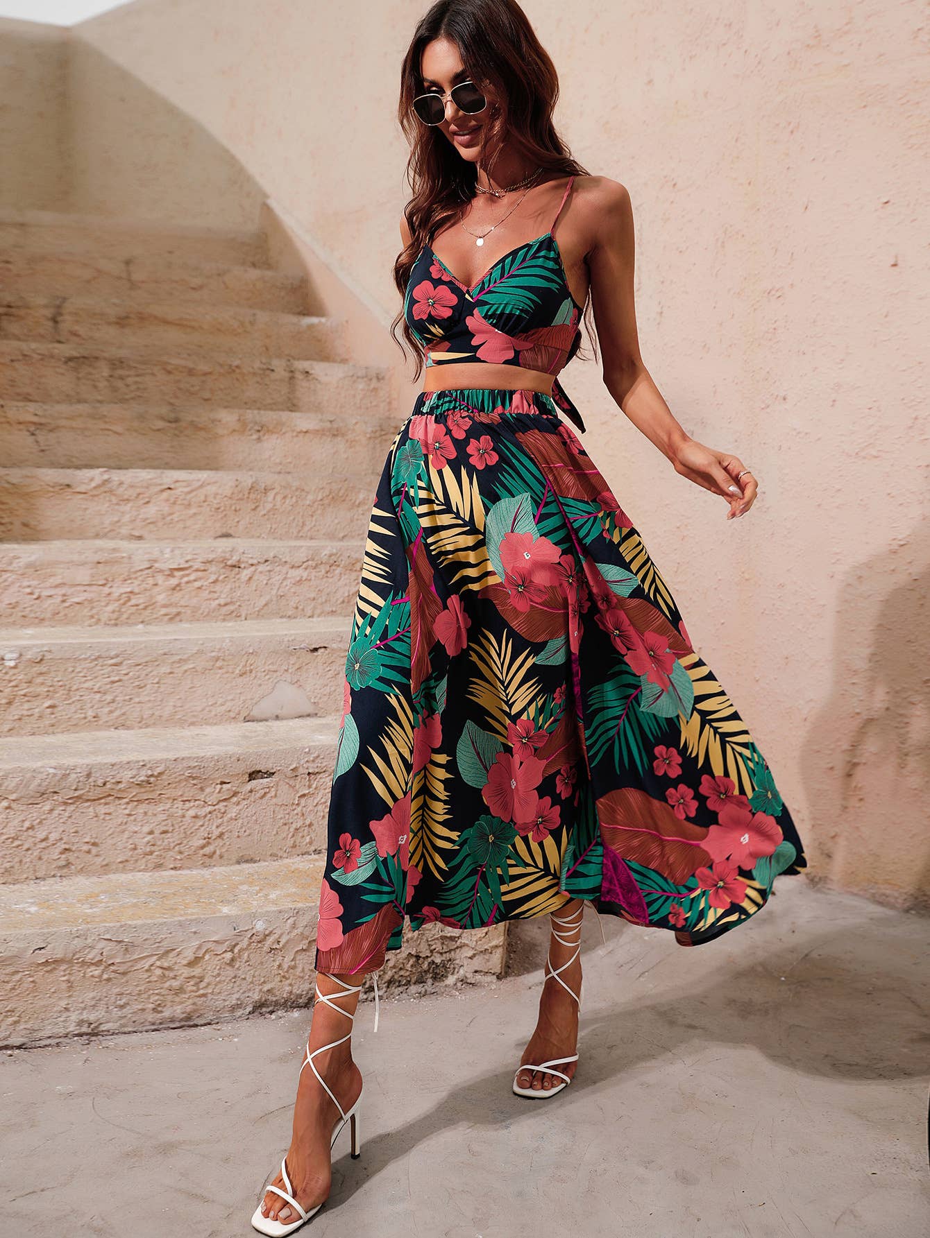 Casual patchwork printed halter dress two-piece
