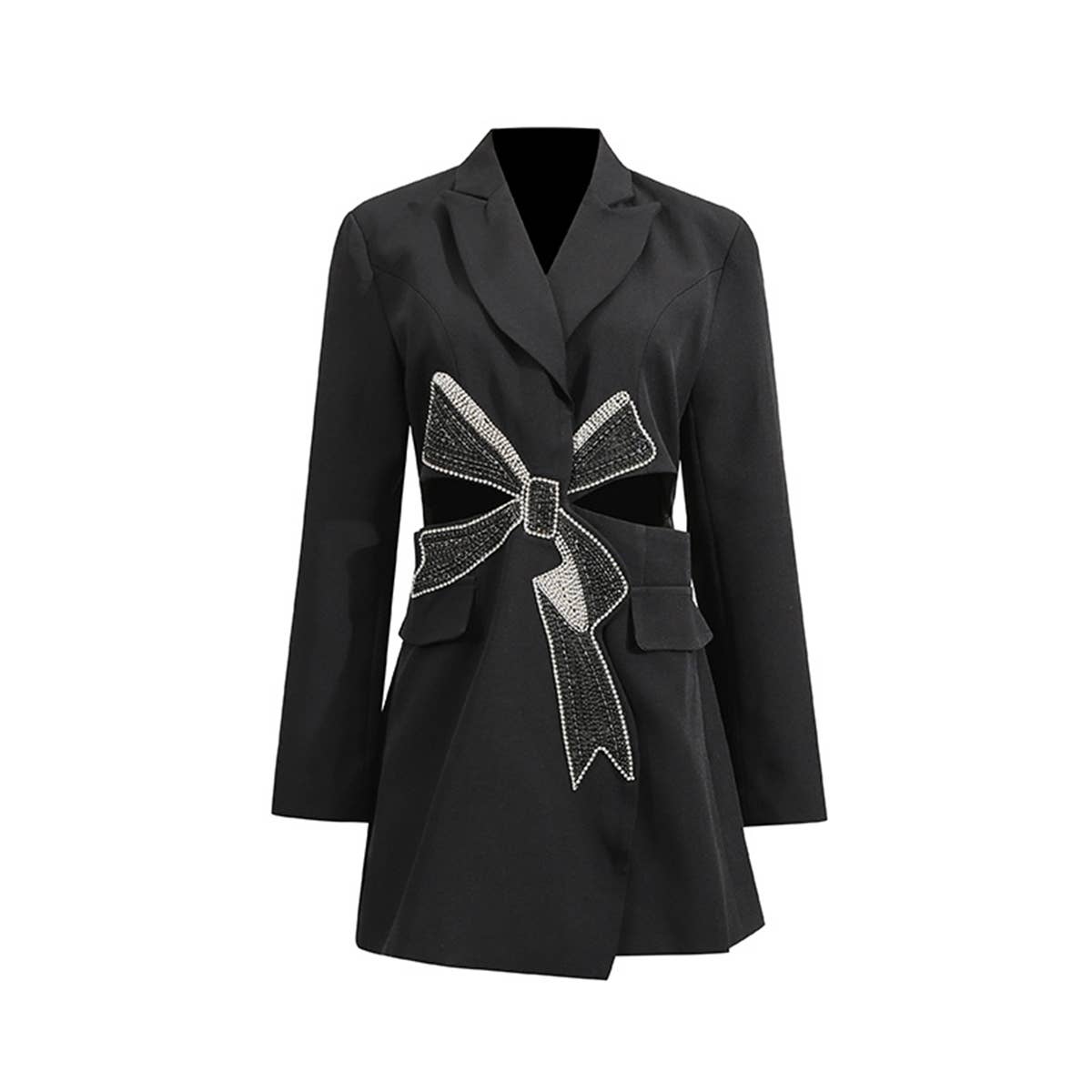 Elegant Beaded Bow Waist-Cut Blazer Jacket