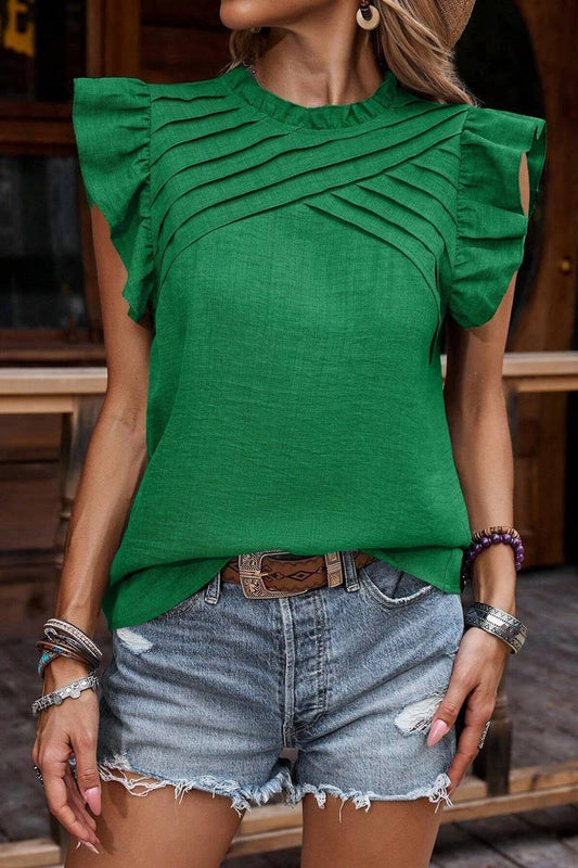 CWTBLSL0729_PLEATED CHEST RUFFLED SHORT-SLEEVED T-SHIRT