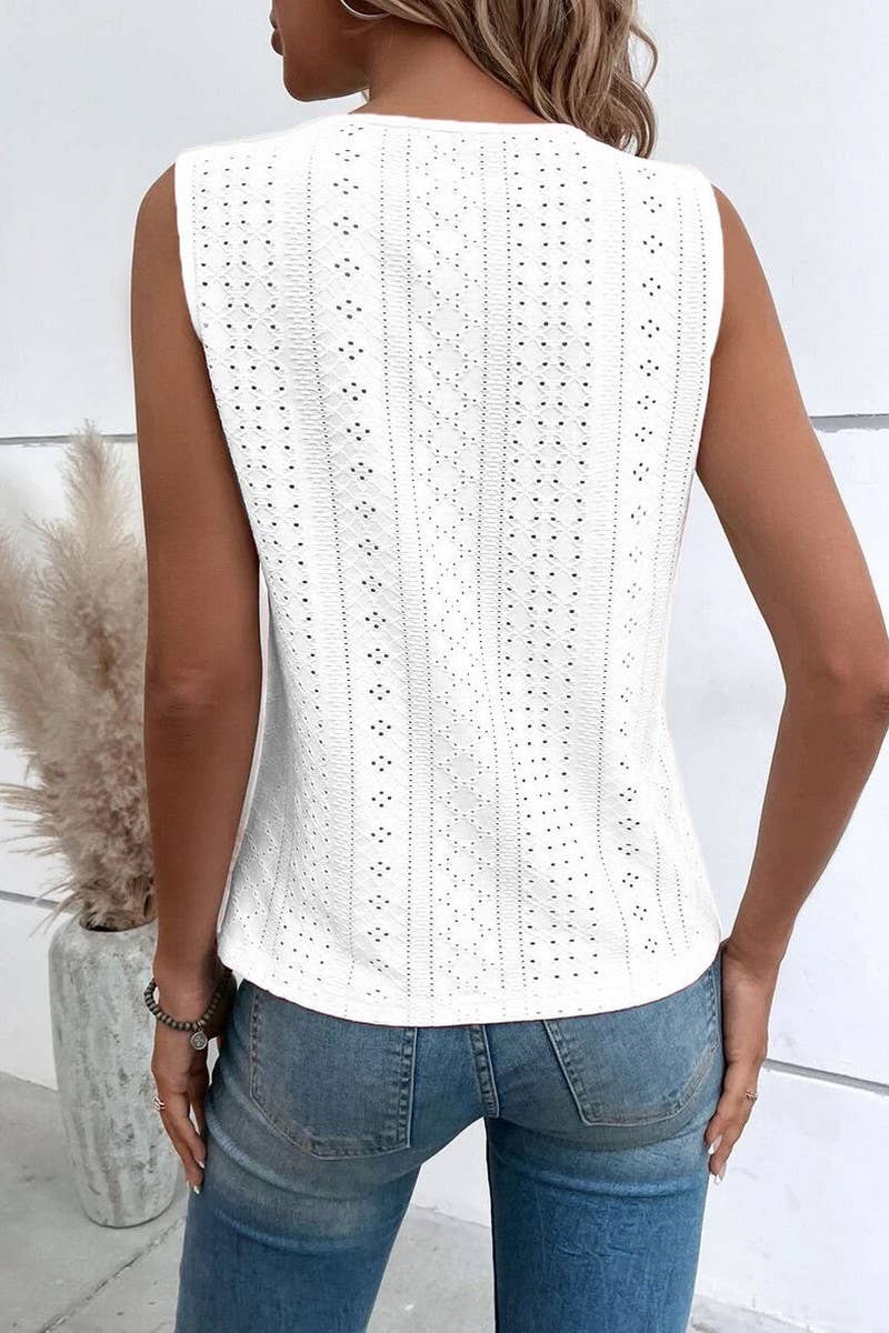 CWTBLSL0709_SUMMER NEW V-NECK SPLICING HOLLOW LACE VEST