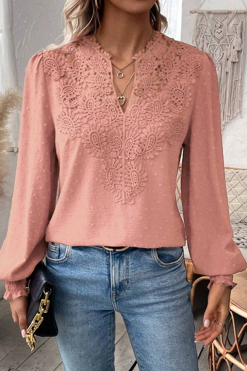 CWTTL2006_V-NECK LACE SOLID COLOR LONG-SLEEVED CASUAL TOP