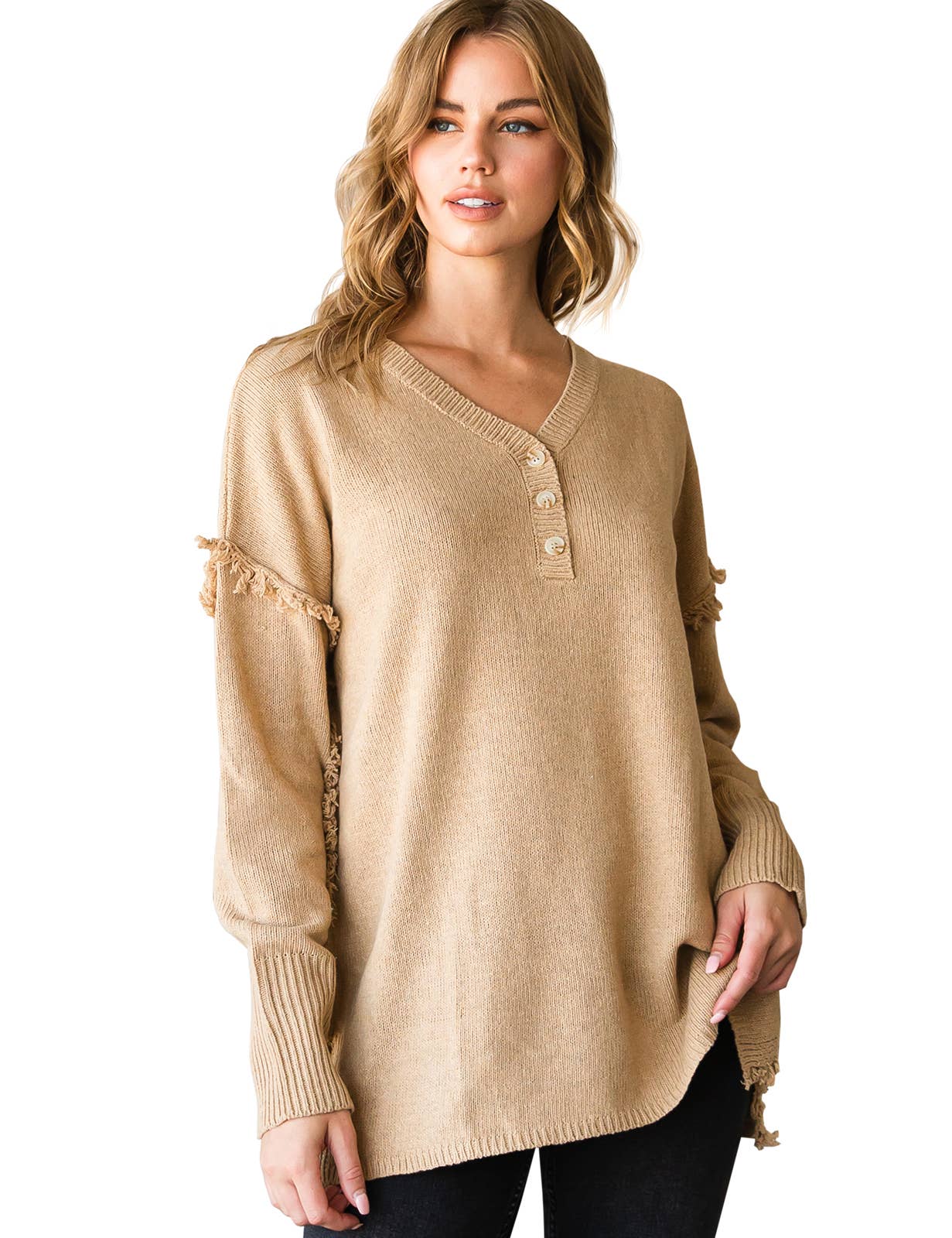 CWOSWL1832_BUTTON DOWN FRINGE SHOULDER SWEATER KNIT TOP