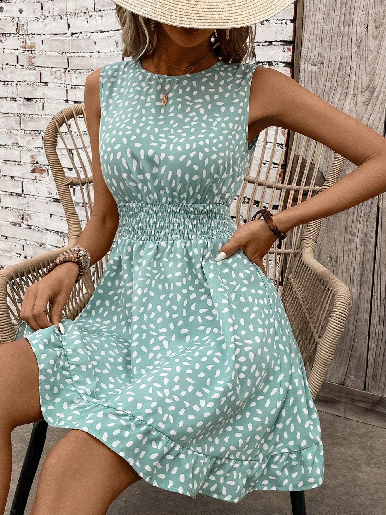 Casual ruffled sleeveless waist-cinching dress