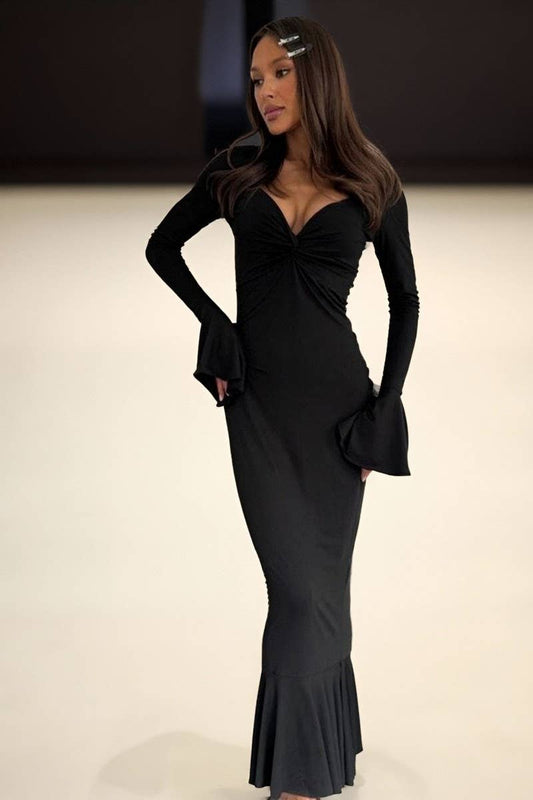 CWDMD01204_V-NECK RUFFLE SLEEVE LONG SLEEVE DRESS