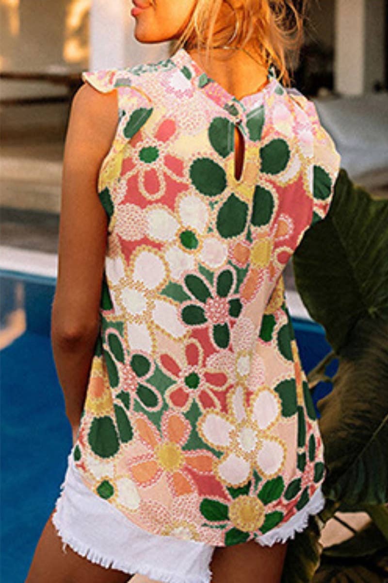 CWTBLSL0525_CREW-NECK RUFFLED SLEEVELESS PRINTED TANK TOP