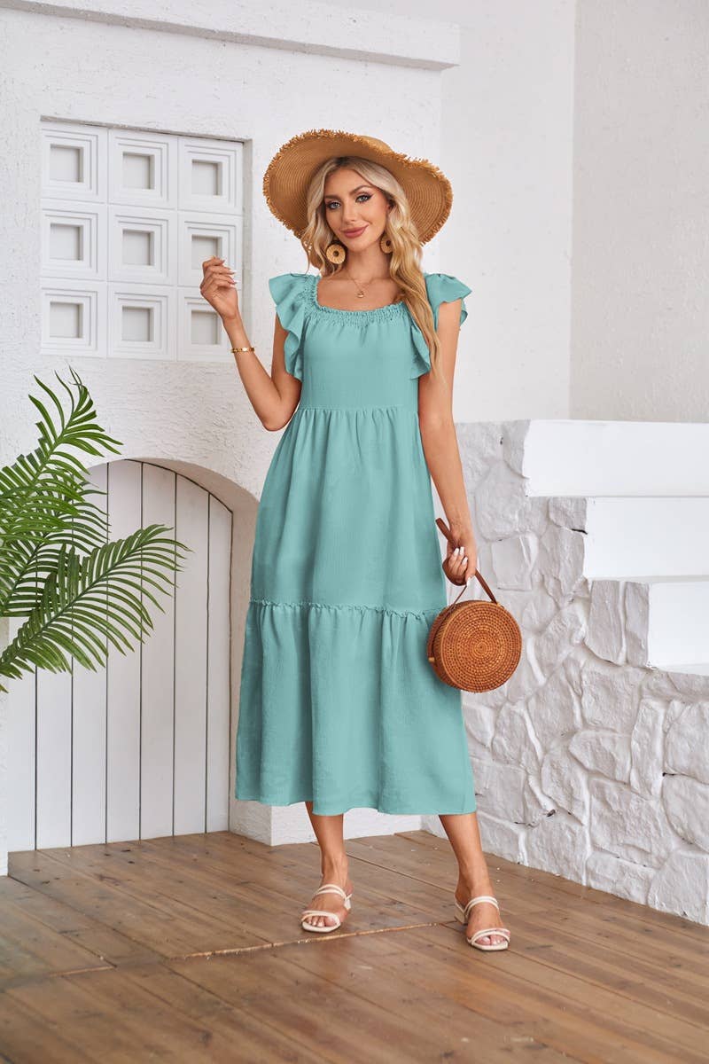 Fly-sleeve square neck off-the-shoulder dress