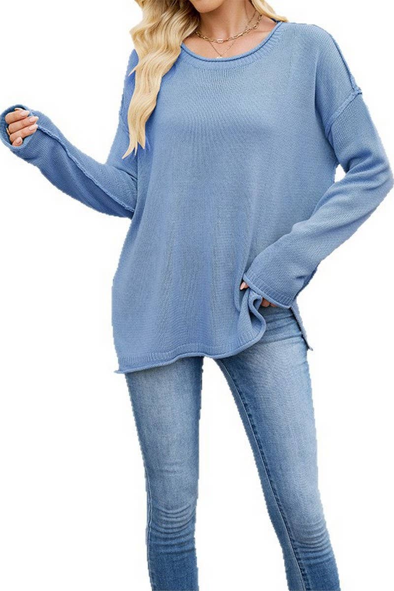CWOSWL7018_SOLID COLOR ROUND NECK LOOSE PULLOVER SWEATER