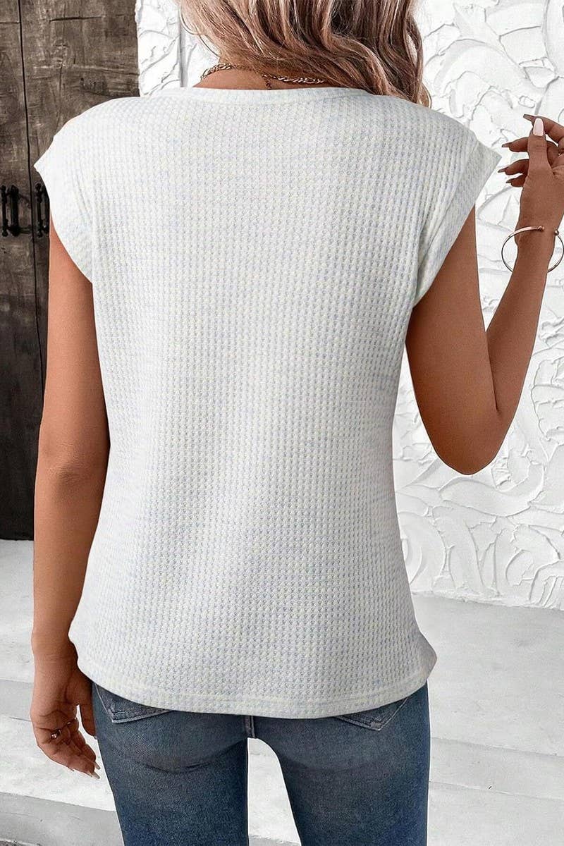 CWTBLS1770_WAFFLE CREW NECK SOLID COLOR SHORT SLEEVE TOP