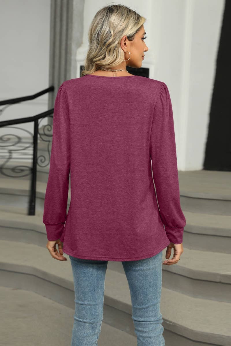 CWTBLL2937_FALL CREW-NECK PLEATED LONG-SLEEVED TOP
