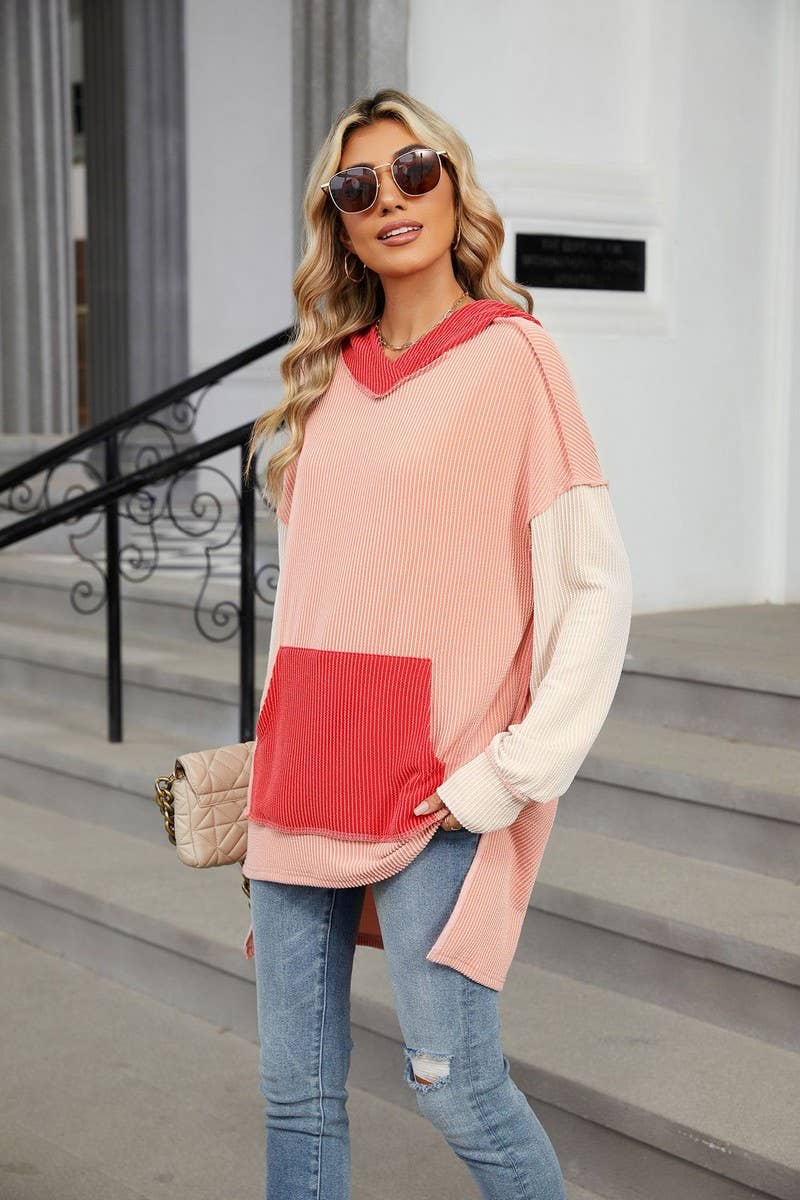 CWOHOL1111_AUTUMN AND WINTER COLOR MATCHING IRREGULAR HOODIE