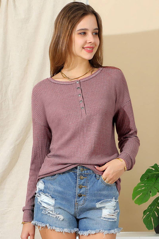 CWTTL972_LONG SLEEVE HENLEY NECK BUTTONED CASUAL TUNIC TOP