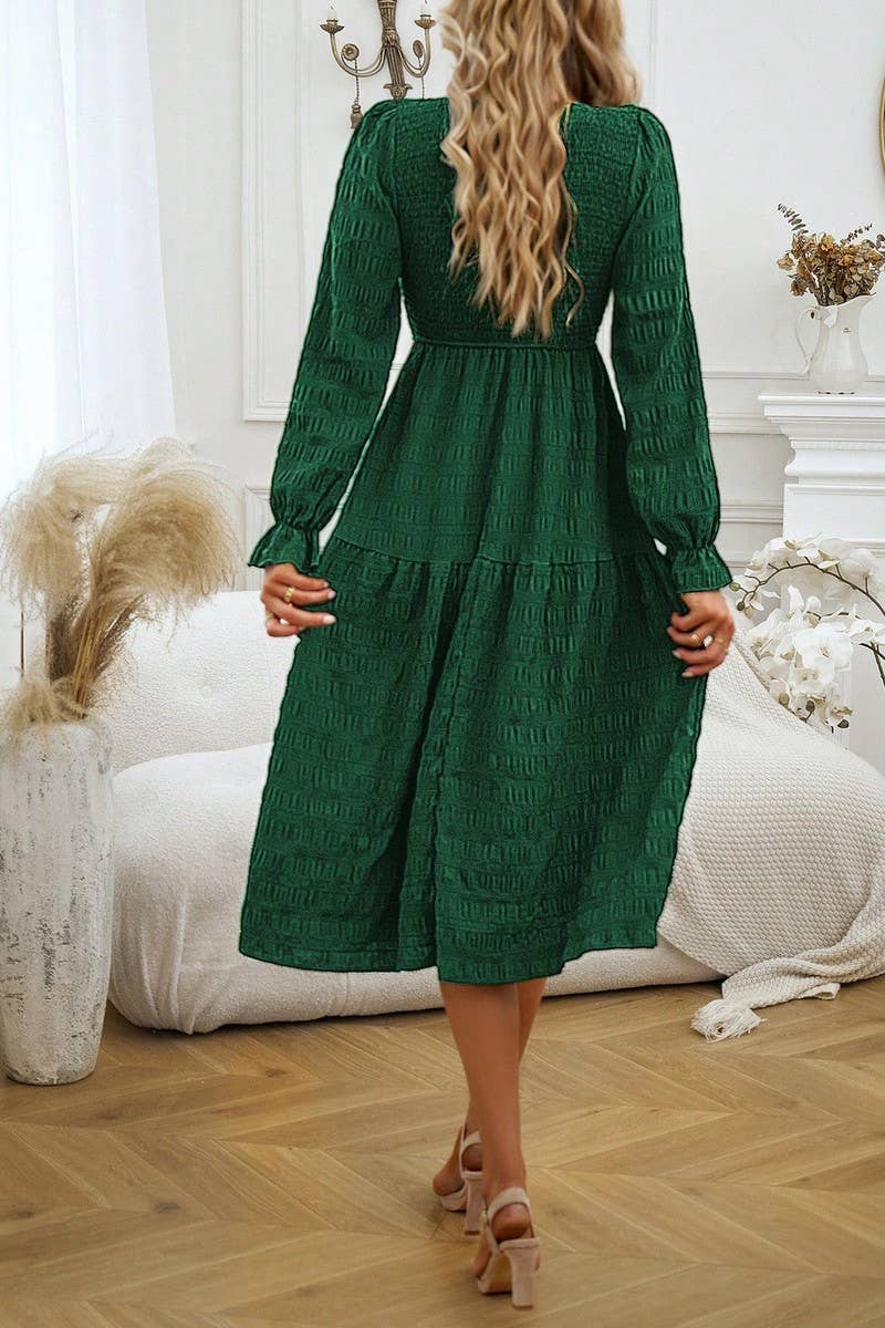 CWDMD4032_SOLID COLOR COMMUTING ROUND NECK PLEATED DRESS