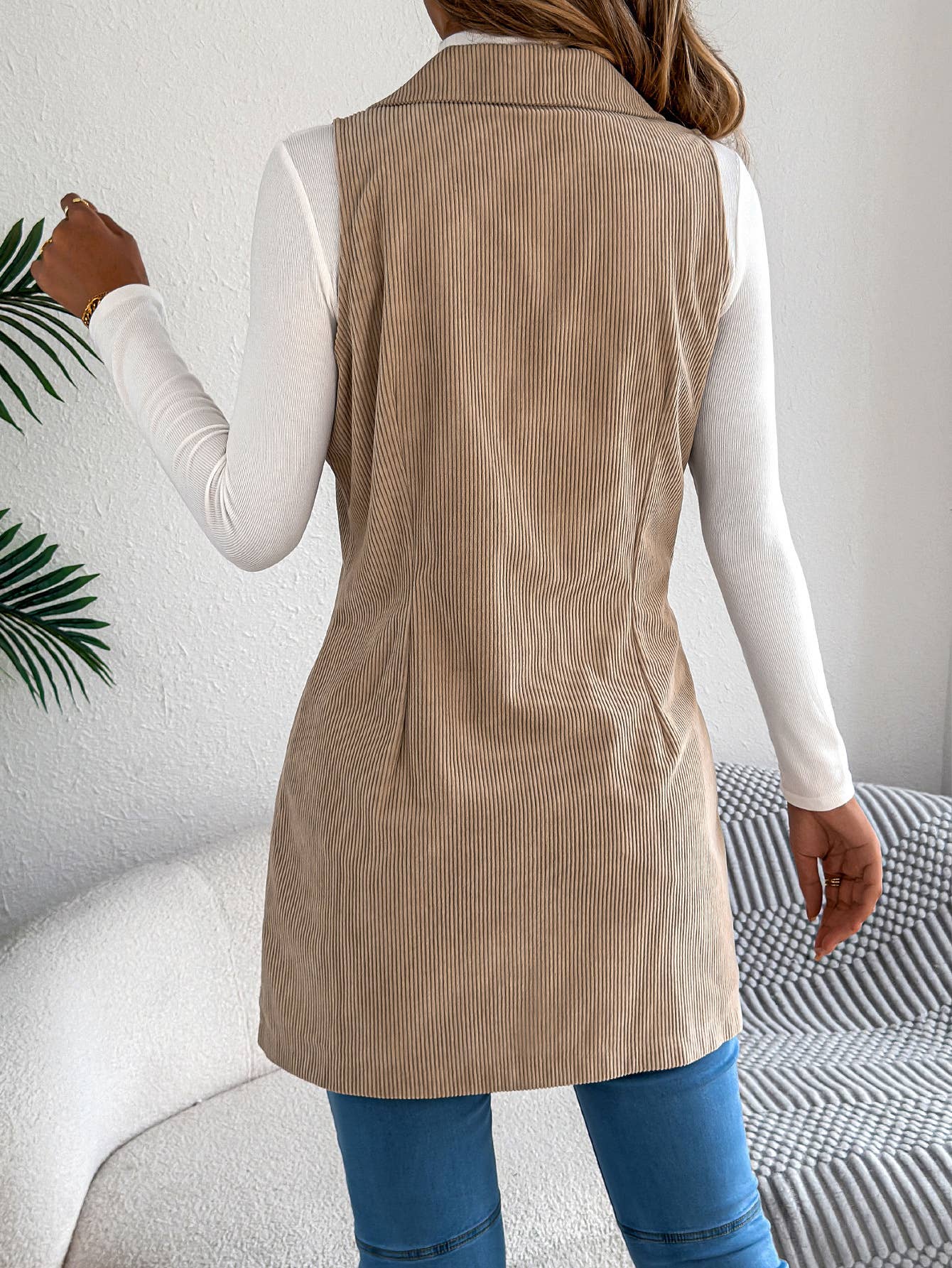 Double-breasted pocket corduroy long vest