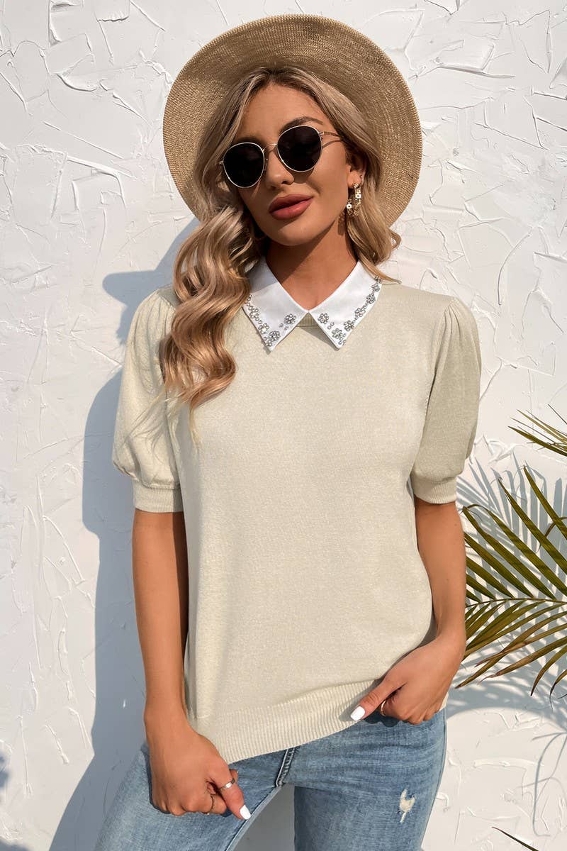 CWTTS0738_Crew Neck Puff Short Sleeve Knit Pullover Sweater