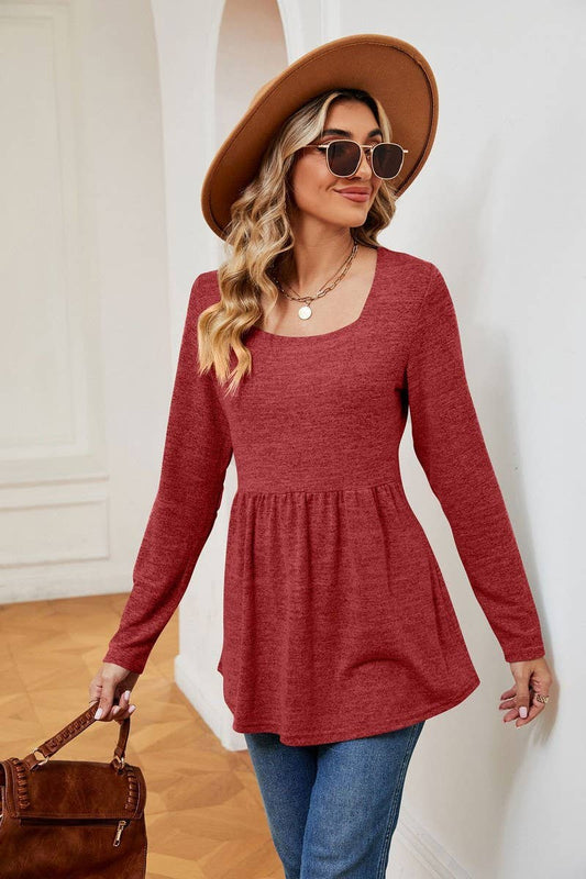 CWTBLL2397_SQUARE NECK LONG SLEEVE WAISTED MID-LENGTH TOP