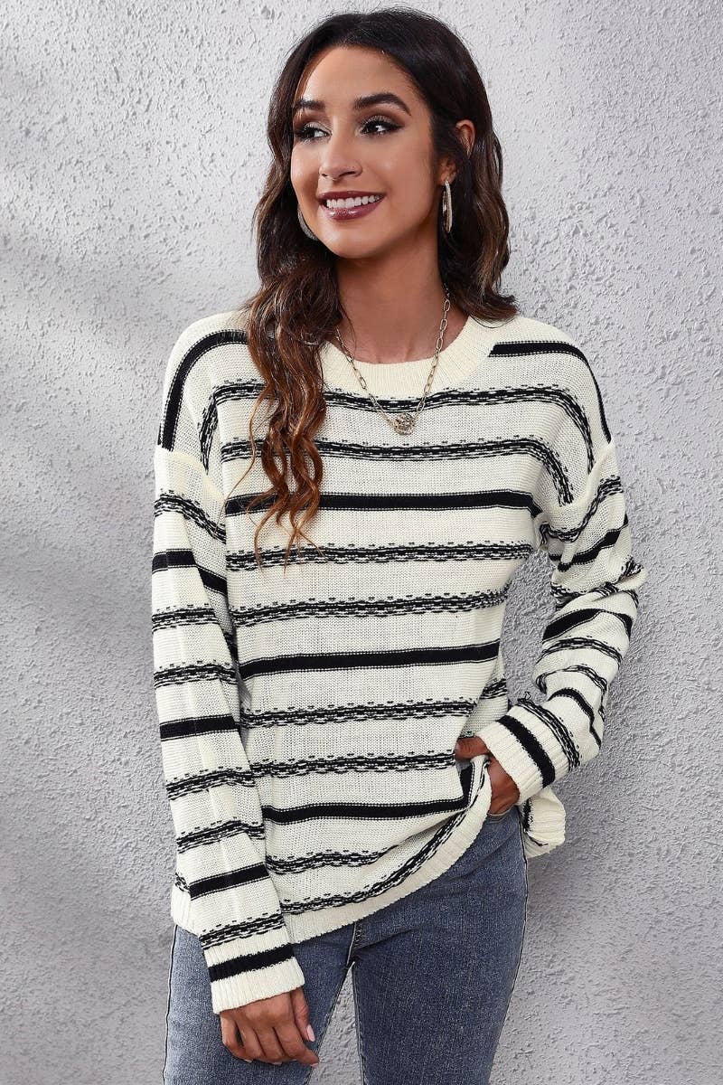 CWOSWL6406_STYLISH STRIPED CREW NECK LONG-SLEEVED SWEATER
