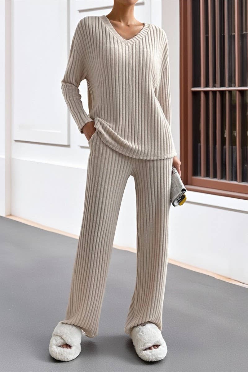 CWSTB00462_RIBBED KNIT V NECK TOP AND STRAIGHT PANTS SET