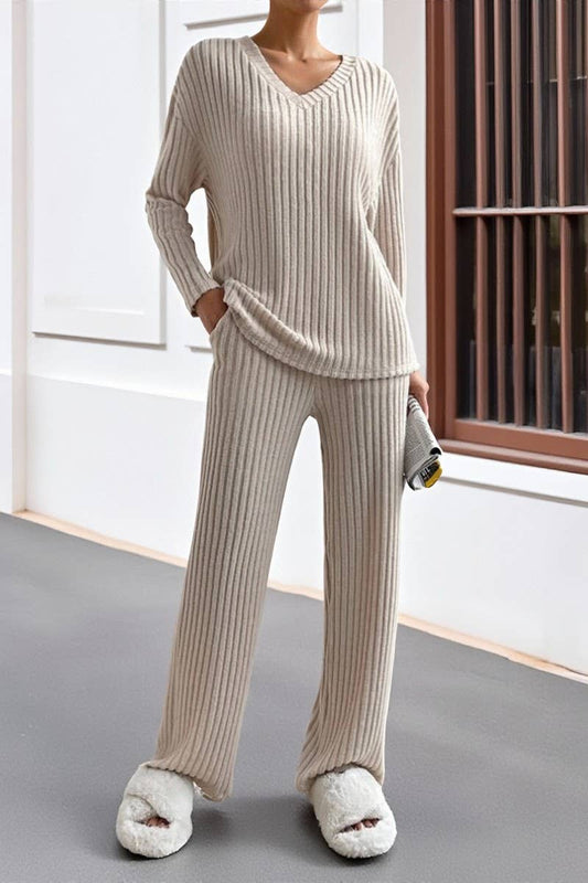 CWSTB00462_RIBBED KNIT V NECK TOP AND STRAIGHT PANTS SET